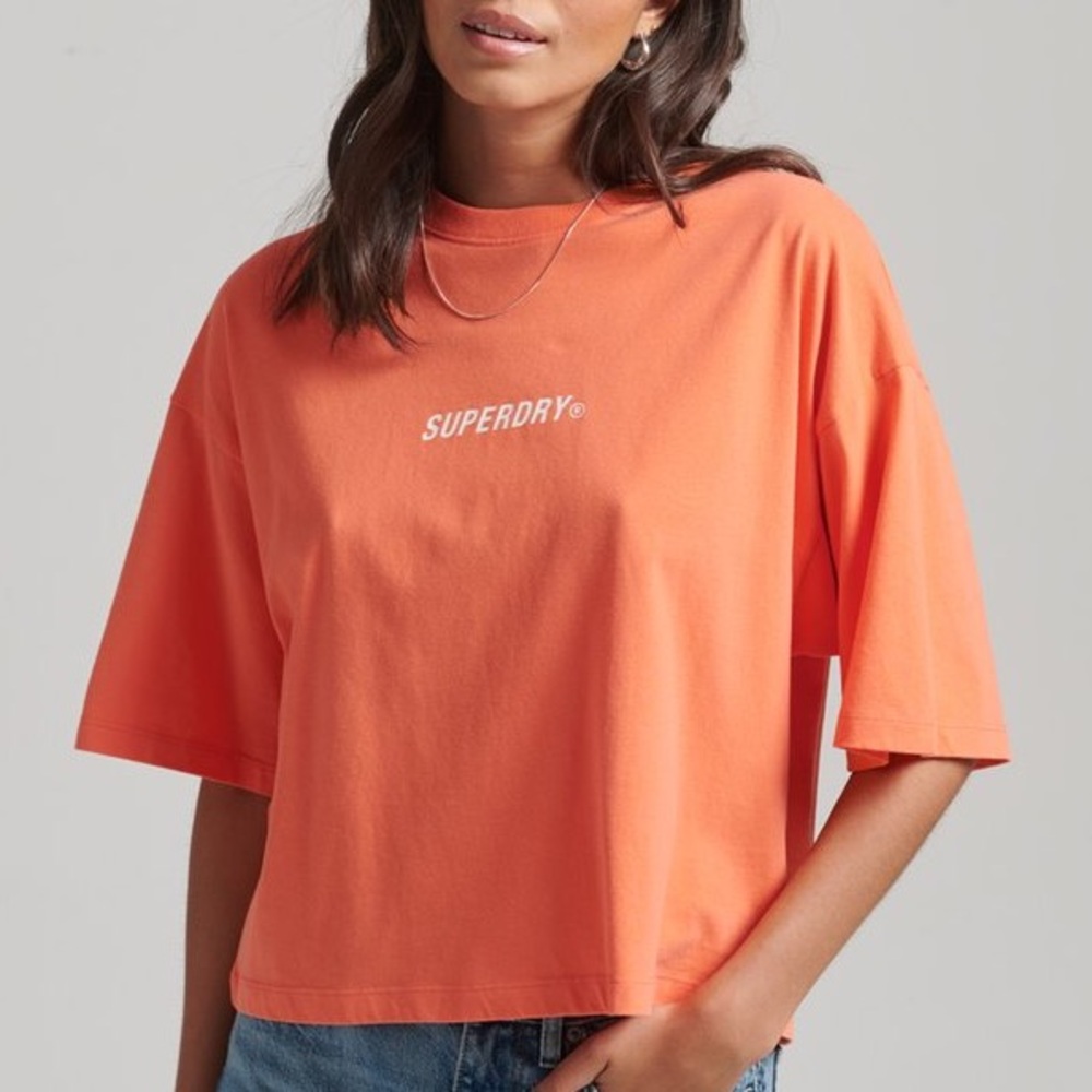Superdry Core Sport T-Shirt Pink Orange Cropped Cotton Women’s Size Small